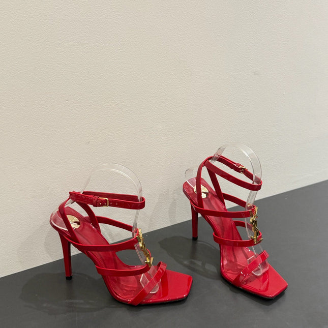 YSL SINGLE-STRAP HEELED SANDALS 25S IN RED LAMBSKIN