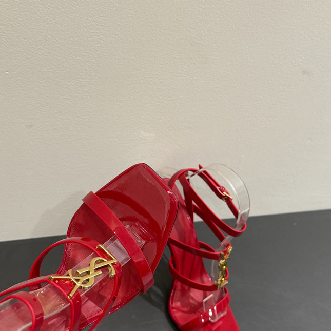 YSL SINGLE-STRAP HEELED SANDALS 25S IN RED LAMBSKIN