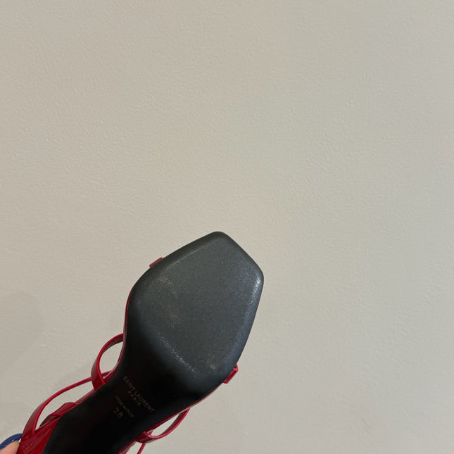 YSL SINGLE-STRAP HEELED SANDALS 25S IN RED LAMBSKIN