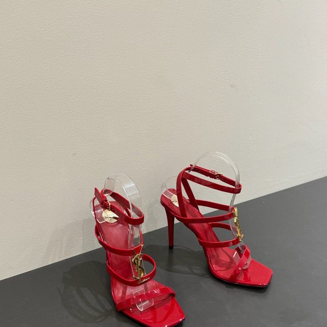 YSL SINGLE-STRAP HEELED SANDALS 25S IN RED LAMBSKIN
