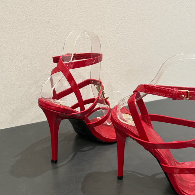 YSL SINGLE-STRAP HEELED SANDALS 25S IN RED LAMBSKIN