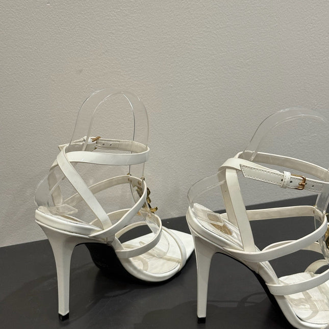 YSL SINGLE-STRAP HEELED SANDALS 25S IN WHITE LAMBSKIN