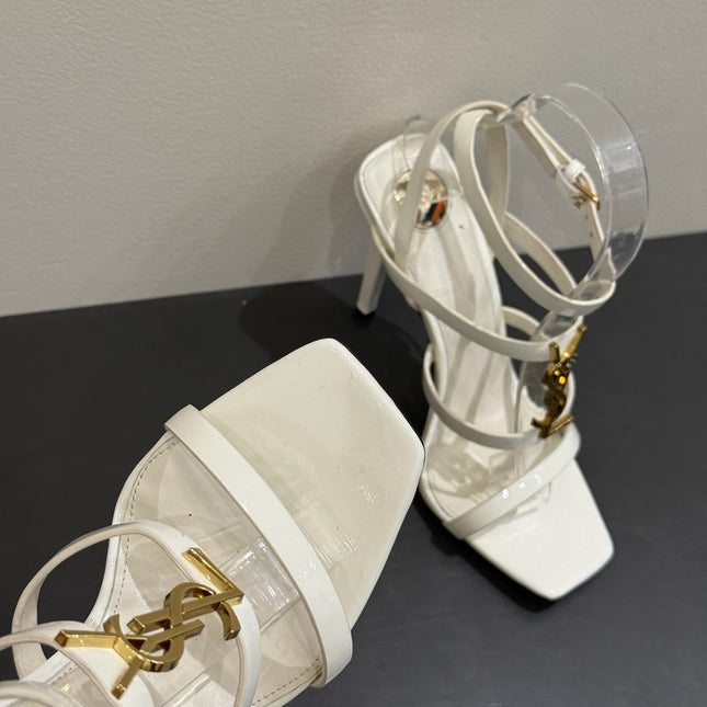 YSL SINGLE-STRAP HEELED SANDALS 25S IN WHITE LAMBSKIN