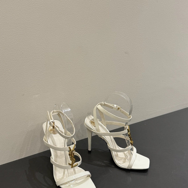 YSL SINGLE-STRAP HEELED SANDALS 25S IN WHITE LAMBSKIN