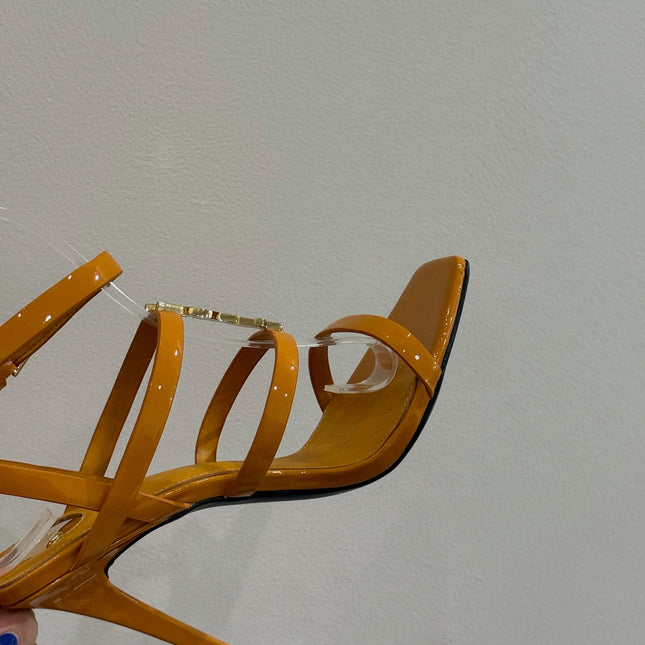 YSL SINGLE-STRAP HEELED SANDALS 25S IN DARK ORANGE LAMBSKIN