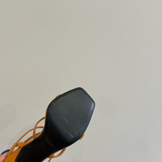 YSL SINGLE-STRAP HEELED SANDALS 25S IN DARK ORANGE LAMBSKIN