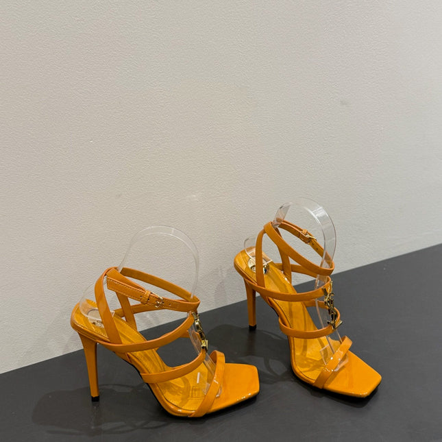 YSL SINGLE-STRAP HEELED SANDALS 25S IN DARK ORANGE LAMBSKIN