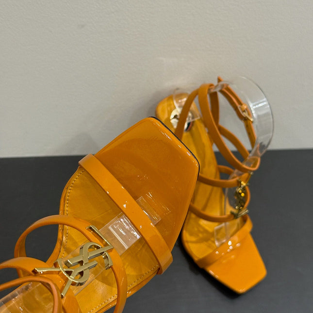YSL SINGLE-STRAP HEELED SANDALS 25S IN DARK ORANGE LAMBSKIN