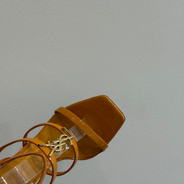 YSL SINGLE-STRAP HEELED SANDALS 25S IN DARK ORANGE LAMBSKIN