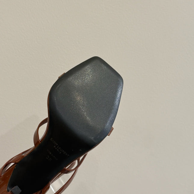 YSL SINGLE-STRAP HEELED SANDALS 25S IN BROWN LAMBSKIN