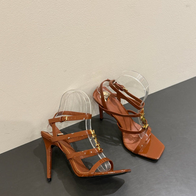 YSL SINGLE-STRAP HEELED SANDALS 25S IN BROWN LAMBSKIN