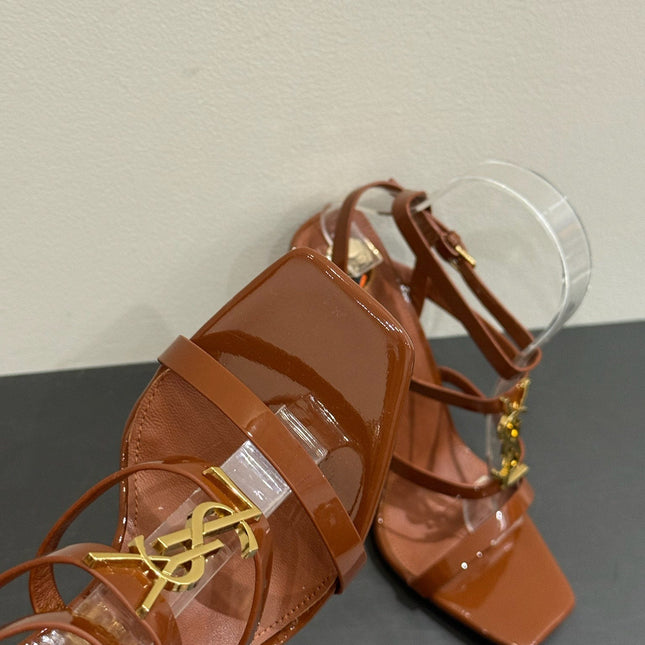 YSL SINGLE-STRAP HEELED SANDALS 25S IN BROWN LAMBSKIN