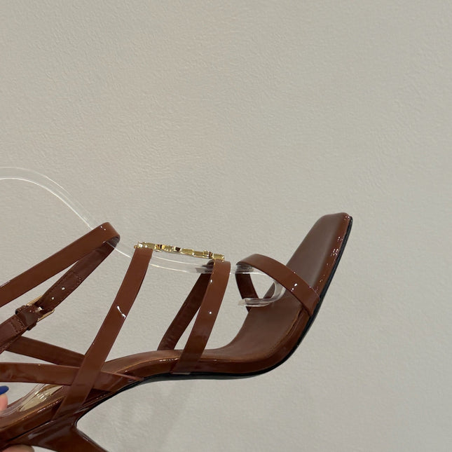 YSL SINGLE-STRAP HEELED SANDALS 25S IN BROWN LAMBSKIN