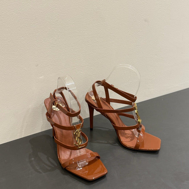 YSL SINGLE-STRAP HEELED SANDALS 25S IN BROWN LAMBSKIN