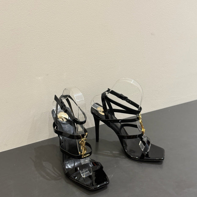 YSL SINGLE-STRAP HEELED SANDALS 25S IN BLACK LAMBSKIN