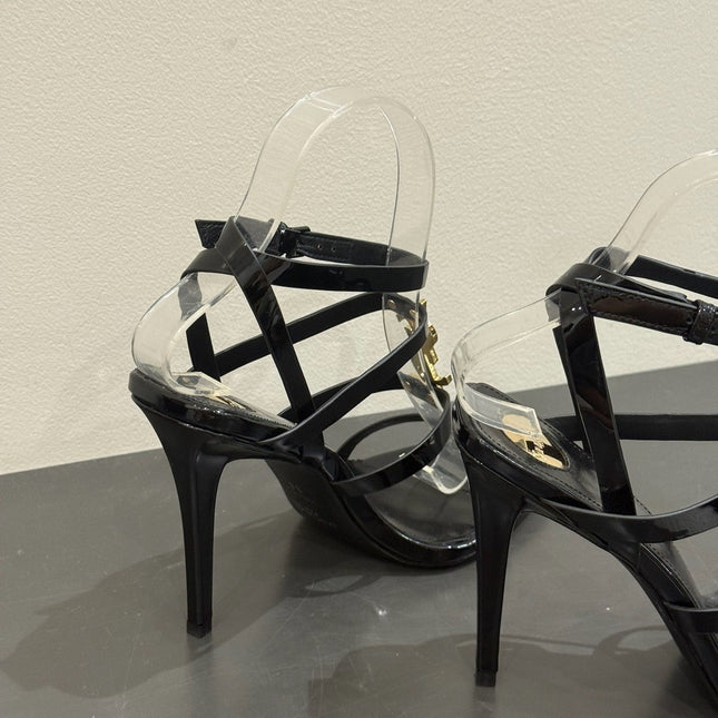 YSL SINGLE-STRAP HEELED SANDALS 25S IN BLACK LAMBSKIN
