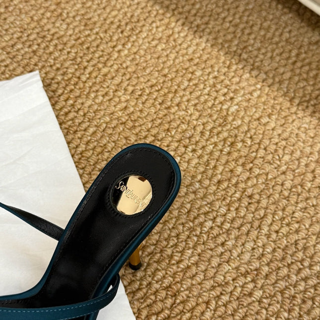 YSL HIGH HEEL SANDALS 25S IN DEEP SEA BLUE SATIN AND LAMBSKIN