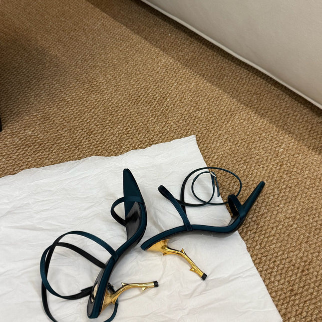 YSL HIGH HEEL SANDALS 25S IN DEEP SEA BLUE SATIN AND LAMBSKIN