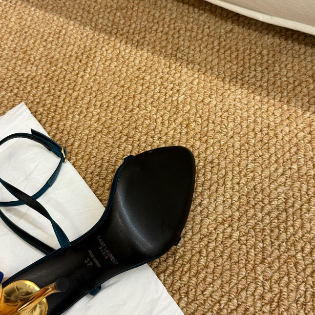 YSL HIGH HEEL SANDALS 25S IN DEEP SEA BLUE SATIN AND LAMBSKIN