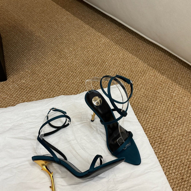 YSL HIGH HEEL SANDALS 25S IN DEEP SEA BLUE SATIN AND LAMBSKIN