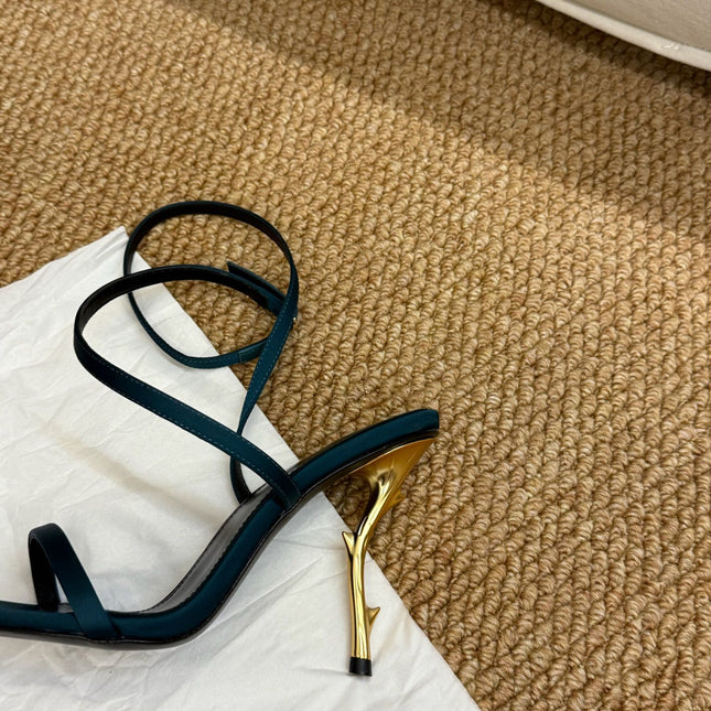 YSL HIGH HEEL SANDALS 25S IN DEEP SEA BLUE SATIN AND LAMBSKIN