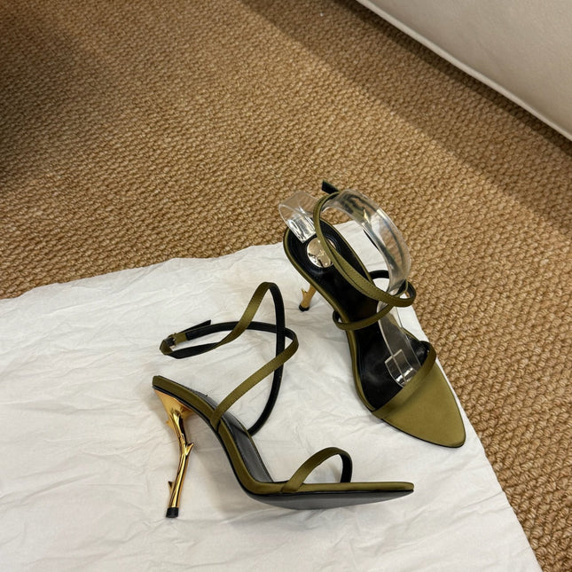 YSL HIGH HEEL SANDALS 25S IN MOSS GREEN SATIN AND LAMBSKIN