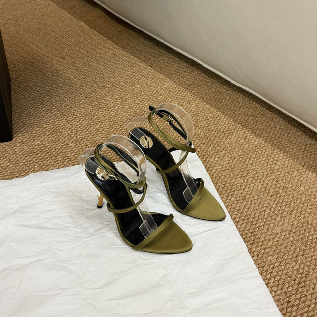 YSL HIGH HEEL SANDALS 25S IN MOSS GREEN SATIN AND LAMBSKIN