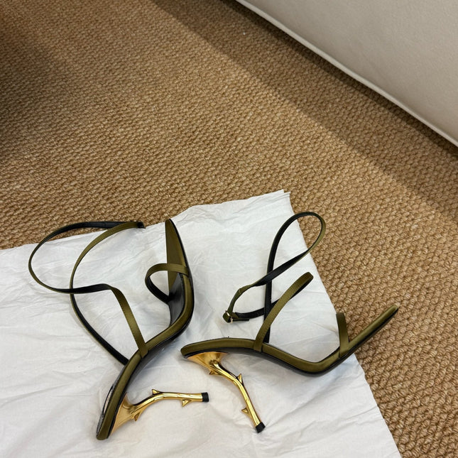 YSL HIGH HEEL SANDALS 25S IN MOSS GREEN SATIN AND LAMBSKIN