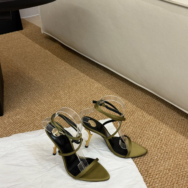 YSL HIGH HEEL SANDALS 25S IN MOSS GREEN SATIN AND LAMBSKIN