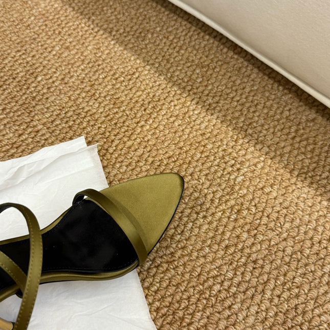 YSL HIGH HEEL SANDALS 25S IN MOSS GREEN SATIN AND LAMBSKIN