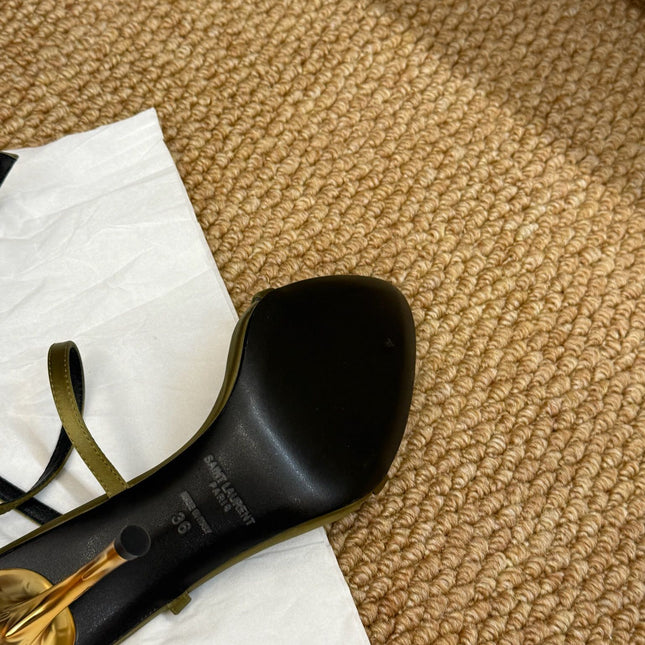 YSL HIGH HEEL SANDALS 25S IN MOSS GREEN SATIN AND LAMBSKIN