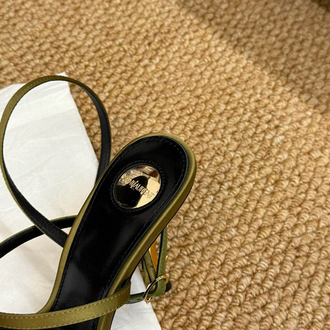 YSL HIGH HEEL SANDALS 25S IN MOSS GREEN SATIN AND LAMBSKIN