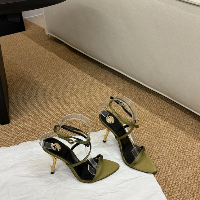 YSL HIGH HEEL SANDALS 25S IN MOSS GREEN SATIN AND LAMBSKIN