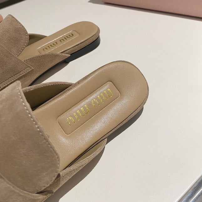 MULES SLIPPERS KHAKI COLOR SUEDE WITH GOLD COIN