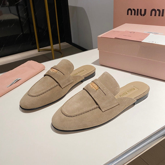 MULES SLIPPERS KHAKI COLOR SUEDE WITH GOLD COIN