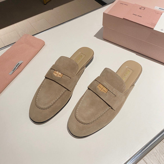MULES SLIPPERS KHAKI COLOR SUEDE WITH GOLD COIN