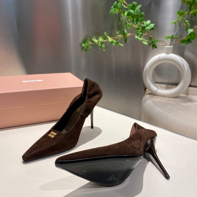 POINTED-TOE HIGH HEEL PUMPS IN CHOCOLATE SUEDE