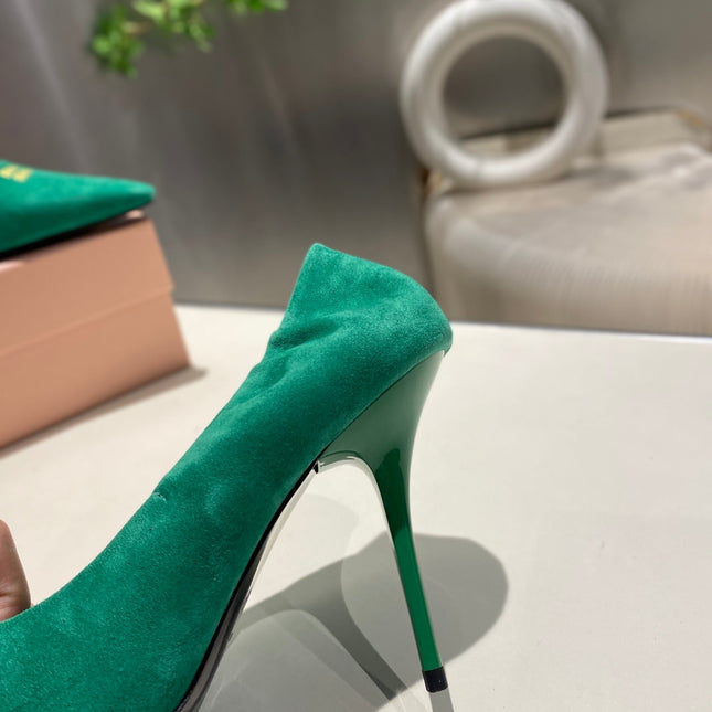 POINTED-TOE HIGH HEEL PUMPS IN GREEN SUEDE
