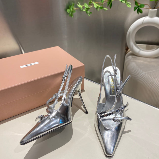 CROSS STRAP HIGH HEELED SLINGBACK IN SILVER METALLIC GLOSSY SHEEPSKIN
