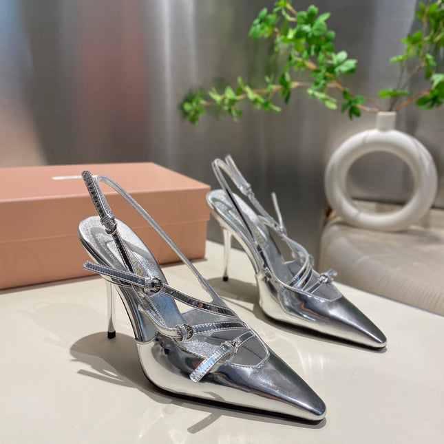 CROSS STRAP HIGH HEELED SLINGBACK IN SILVER METALLIC GLOSSY SHEEPSKIN