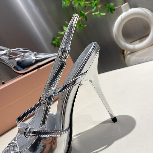 CROSS STRAP HIGH HEELED SLINGBACK IN SILVER METALLIC GLOSSY SHEEPSKIN