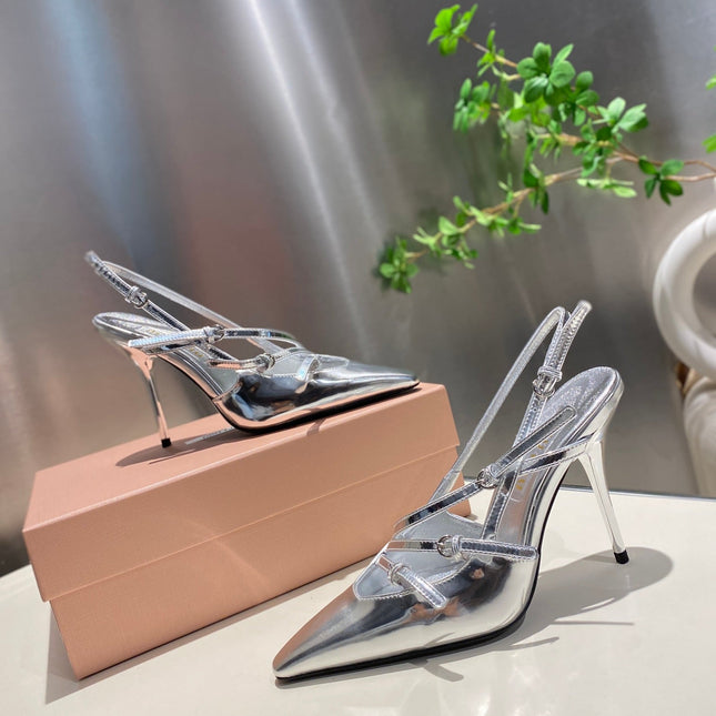 CROSS STRAP HIGH HEELED SLINGBACK IN SILVER METALLIC GLOSSY SHEEPSKIN