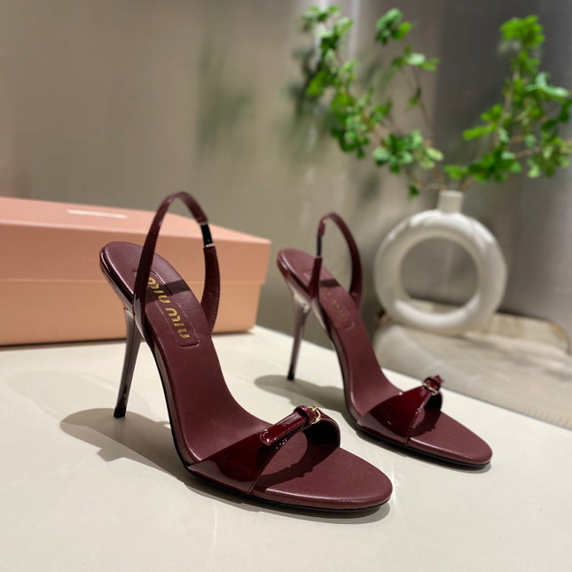 TWO STRAP HIGH HEELED SANDALS IN WINE RED GLOSSY SHEEPSKIN