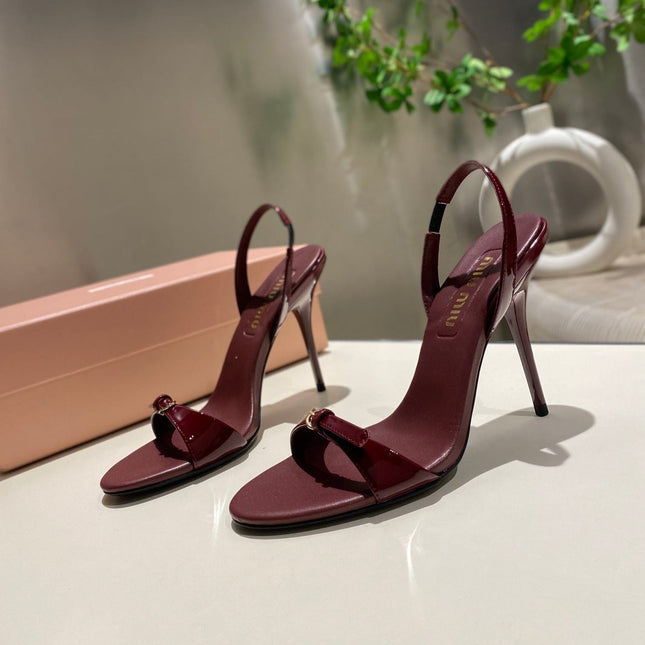 TWO STRAP HIGH HEELED SANDALS IN WINE RED GLOSSY SHEEPSKIN