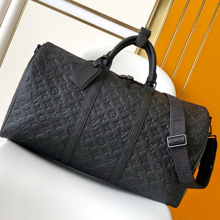 LV 25S KEEPALL BANDOULIÈRE BAG 50 IN BLACK EMBOSSED TAURILLON CALFSKIN MONOGRAM