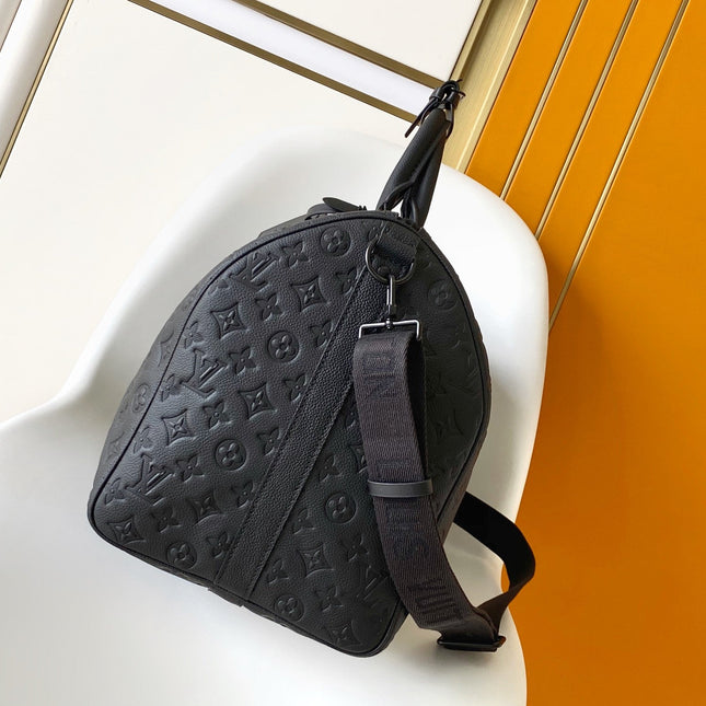 LV 25S KEEPALL BANDOULIÈRE BAG 50 IN BLACK EMBOSSED TAURILLON CALFSKIN MONOGRAM