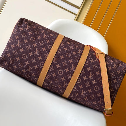 LV 25S KEEPALL 50 MONOGRAM CRYSTALS IN DARK PURPLE CANVAS AND CALFSKIN TRIM