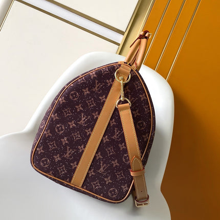 LV 25S KEEPALL 50 MONOGRAM CRYSTALS IN DARK PURPLE CANVAS AND CALFSKIN TRIM