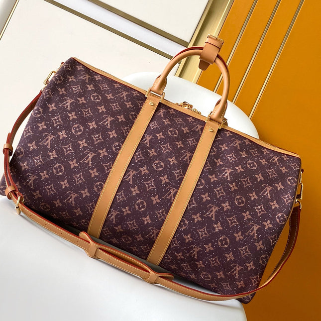 LV 25S KEEPALL 50 MONOGRAM CRYSTALS IN DARK PURPLE CANVAS AND CALFSKIN TRIM