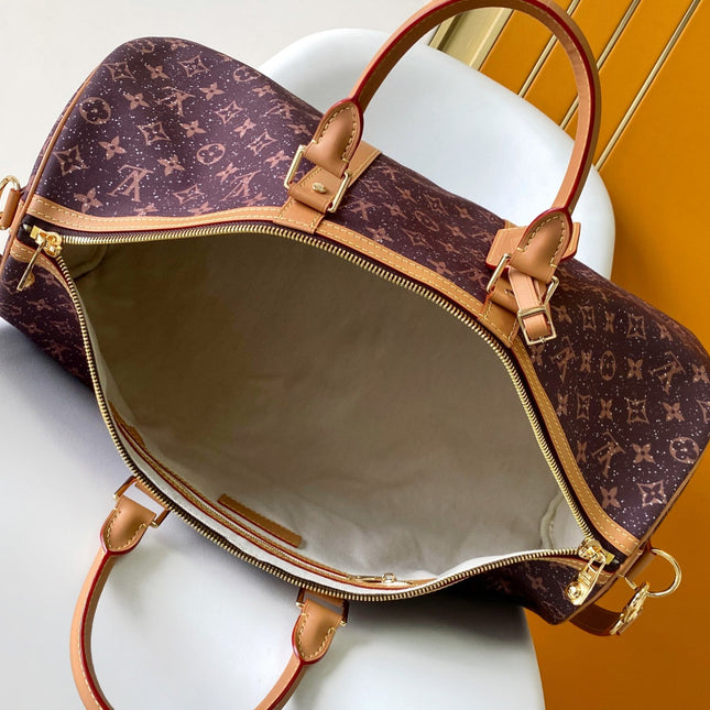 LV 25S KEEPALL 50 MONOGRAM CRYSTALS IN DARK PURPLE CANVAS AND CALFSKIN TRIM